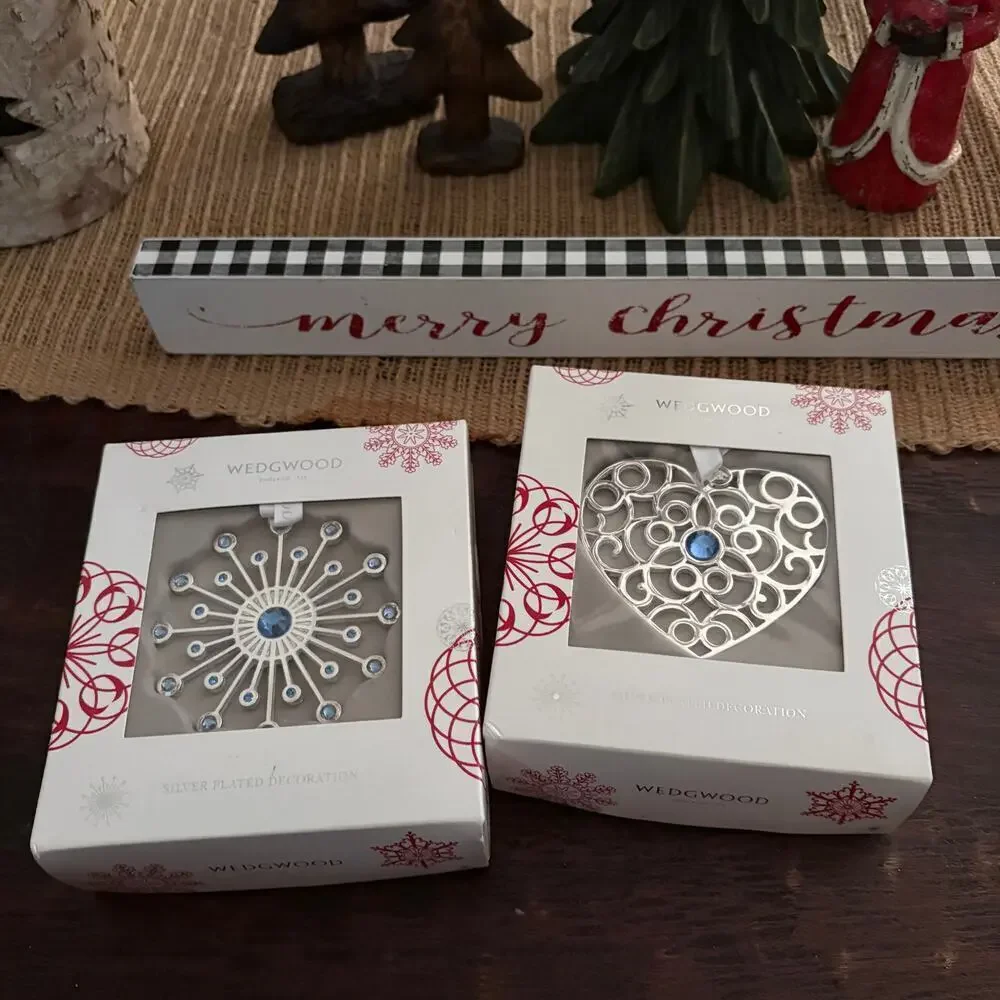 Wedgwood Silver Plated Ornaments Heart and Star Blue Crystal Set New in Box